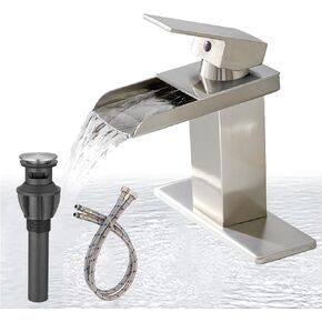 Waterfall Bathroom Sink Faucet, Brushed Nickel Bathroom Faucet, Single Hole Bathroom Faucet, Modern Single Handle Vanity Lavatory with Pop Up Drain Parts with Overflow Mixer Tap Commercial