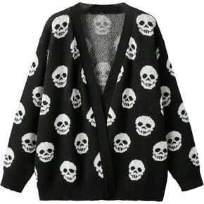 WDIRARA Women's Plus Size Halloween Skeleton Skull Cardigans Drop Shoulder Open Front Cardigan Sweater
