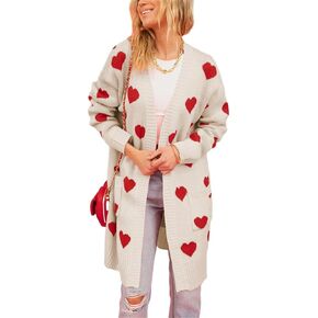 HOULENGS Women's Heart Print Knitted Long Cardigan Sweater V Neck Open Front Sweater Outerwears with Pockets