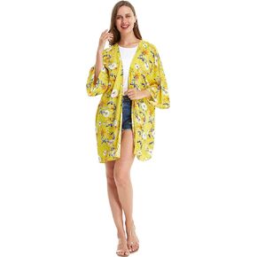 Women Open Front Lightweight Kimono Tops in Hibiscus