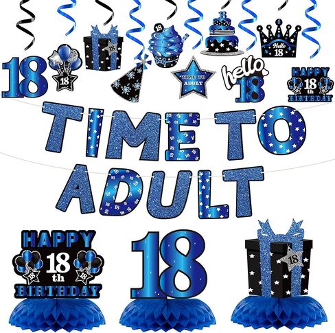 WATINC 26pcs 18th Glitter Black Gold Birthday Banner Party Decorations, Time To Adult 18 Birthday Decorations Hanging Swirls Banner Honeycomb Centerpieces for Boys Girls Happy 18 Years Old Bday Party in Saudi Arabia