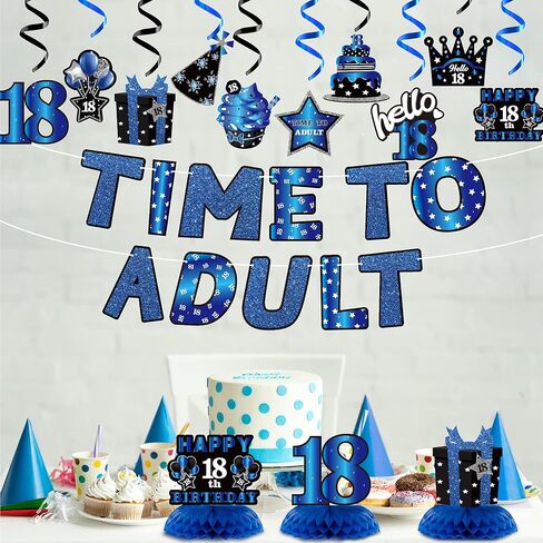 WATINC 26pcs 18th Glitter Black Gold Birthday Banner Party Decorations, Time To Adult 18 Birthday Decorations Hanging Swirls Banner Honeycomb Centerpieces for Boys Girls Happy 18 Years Old Bday Party in Kuwait