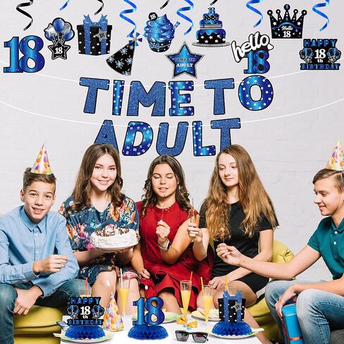 WATINC 26pcs 18th Glitter Black Gold Birthday Banner Party Decorations, Time To Adult 18 Birthday Decorations Hanging Swirls Banner Honeycomb Centerpieces for Boys Girls Happy 18 Years Old Bday Party in Kuwait