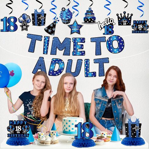 WATINC 26pcs 18th Glitter Black Gold Birthday Banner Party Decorations, Time To Adult 18 Birthday Decorations Hanging Swirls Banner Honeycomb Centerpieces for Boys Girls Happy 18 Years Old Bday Party in Kuwait