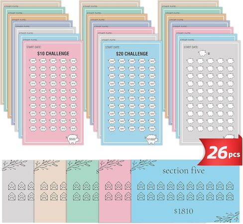 26 قطعة من بطاقة تعقب تحدي توفير الميزانية، كتاب تحدي توفير المال، لتوفير 5050 دولارًا، 500، 10000، 1000، إلخ in Kuwait