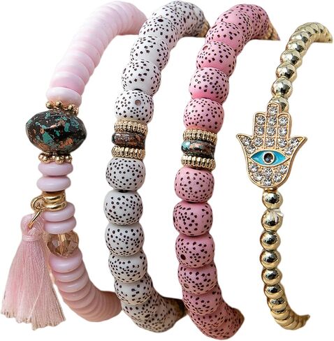 4PC Hamsa Hand Chakra Evil Eye Bracelet for Women Healing Beaded Stretch Spiritual Protection Guardien Girls Love Heart Birthday Anniversary in Kuwait