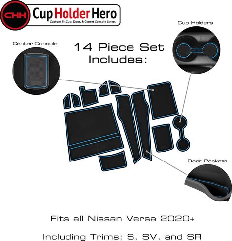 CupHolderHero يناسب ملحقات Nissan Versa 2020-2024، حشوات حامل أكواب داخلية فاخرة مضادة للانزلاق ومضادة للغبار، وسجادات بطانة وحدة التحكم المركزية، وبطانات جيب الباب، مجموعة 14 قطعة (زخرفة زرقاء) in Saudi Arabia
