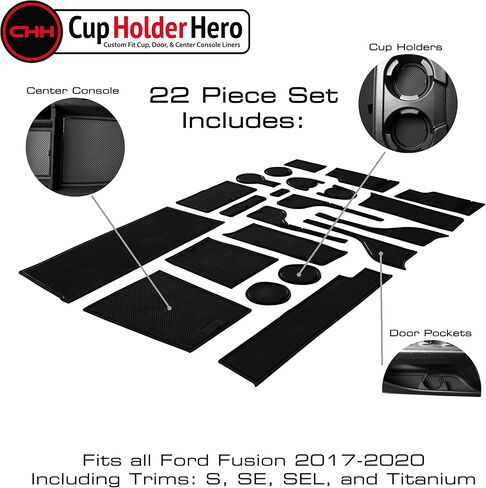 CupHolderHero fits Ford Fusion Accessories 2017-2020 Premium Custom Interior Non-Slip Anti Dust Cup Holder Inserts, Center Console Liner Mats, Door Pocket Liners 22pc Set (Blue Trim) in Kuwait