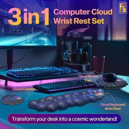 3pcs Cloud Wrist Rest - Large Waterproof Leather Galaxy Mouse Pad Keyboard Wrist Rest, Non-Slip Gaming Desk Coaster Wrist Rest for Computer Keyboard Mouse Pad Cloud Set for Typing Wrist Support in Saudi Arabia