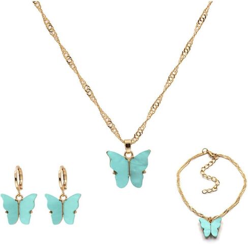 4 Pcs/Set Coforful Butterfly Jewelry Set Cute Acrylic Butterfly Pendant Necklace Bracelet Earrings Adjustable Chain Bohemian Necklace for Women Boho Jewelry Valentine's Day Gifts in Saudi Arabia