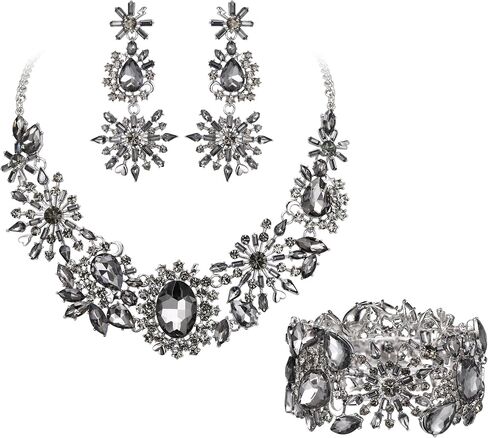 BriLove Gorgeous Sparkly Oval Teardrop Marquise Rhinestone Cluster Statement Necklace Dangle Earrings Stretch Bracelet Jewelry Set for Women Girls Costume Party Prom in Kuwait