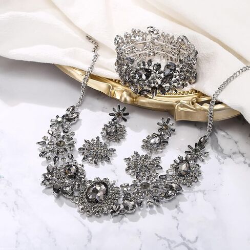 BriLove Gorgeous Sparkly Oval Teardrop Marquise Rhinestone Cluster Statement Necklace Dangle Earrings Stretch Bracelet Jewelry Set for Women Girls Costume Party Prom in Kuwait