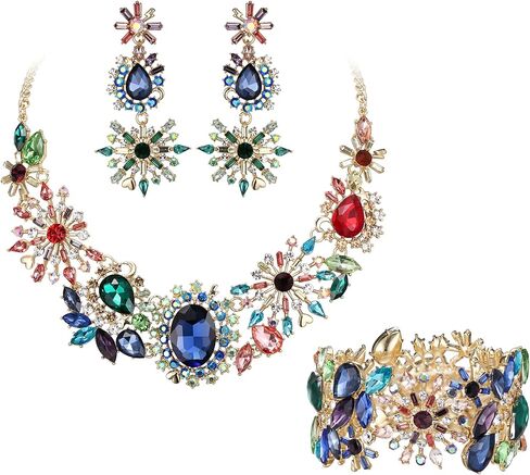 BriLove Gorgeous Sparkly Oval Teardrop Marquise Rhinestone Cluster Statement Necklace Dangle Earrings Stretch Bracelet Jewelry Set for Women Girls Costume Party Prom in Kuwait
