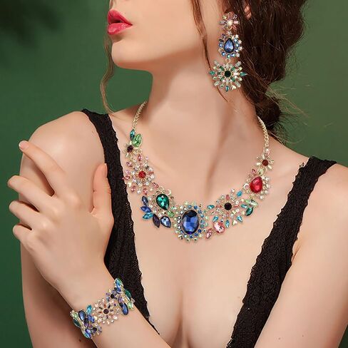 BriLove Gorgeous Sparkly Oval Teardrop Marquise Rhinestone Cluster Statement Necklace Dangle Earrings Stretch Bracelet Jewelry Set for Women Girls Costume Party Prom in Kuwait