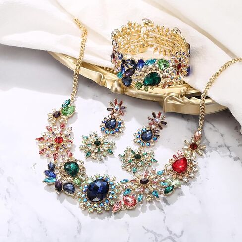 BriLove Gorgeous Sparkly Oval Teardrop Marquise Rhinestone Cluster Statement Necklace Dangle Earrings Stretch Bracelet Jewelry Set for Women Girls Costume Party Prom in Kuwait