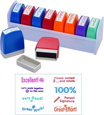 8 قطع من طوابع المعلم بالحبر الذاتي، مجموعة رسائل تحفيزية، طوابع درجات ملونة لطلاب الفصول المدرسية، مكافأة الواجبات المنزلية، لوازم مدرس المدرسة، طوابع قرطاسية مكتبية مع صينية in Kuwait
