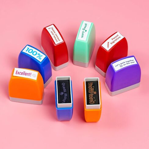 8 قطع من طوابع المعلم بالحبر الذاتي، مجموعة رسائل تحفيزية، طوابع درجات ملونة لطلاب الفصول المدرسية، مكافأة الواجبات المنزلية، لوازم مدرس المدرسة، طوابع قرطاسية مكتبية مع صينية in Kuwait