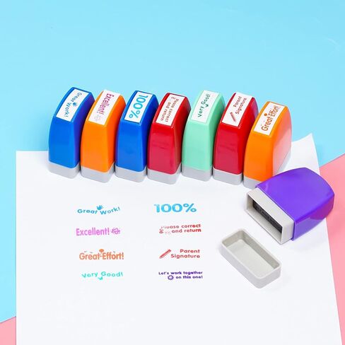 8 قطع من طوابع المعلم بالحبر الذاتي، مجموعة رسائل تحفيزية، طوابع درجات ملونة لطلاب الفصول المدرسية، مكافأة الواجبات المنزلية، لوازم مدرس المدرسة، طوابع قرطاسية مكتبية مع صينية in Kuwait