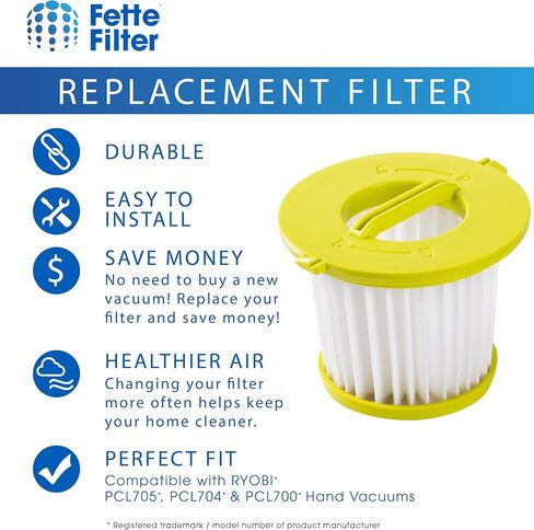 فلتر Fette - استبدال فلتر المكنسة الكهربائية المتوافق مع موديلات المكنسة الكهربائية المحمولة Ryobi ONE+ 18V PCL700 PCL704 PCL705 مقارنة بالجزء # A32F05N A32HF00 - عبوة من قطعتين in Kuwait