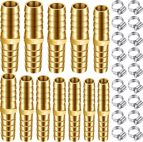 12PCS Brass Hose Barb Union Fitting Barb Splicer Mender Joiner Hose Fitting with 18PCS Stainless Steel Pipe Hose Clamp for Air/Water/Fuel/Oil, 3/16 1/4 5/16 3/8 1/2 5/8 Inch (Brassy,L Fitting) in Saudi Arabia