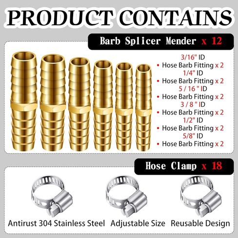 12PCS Brass Hose Barb Union Fitting Barb Splicer Mender Joiner Hose Fitting with 18PCS Stainless Steel Pipe Hose Clamp for Air/Water/Fuel/Oil, 3/16 1/4 5/16 3/8 1/2 5/8 Inch (Brassy,L Fitting) in Saudi Arabia