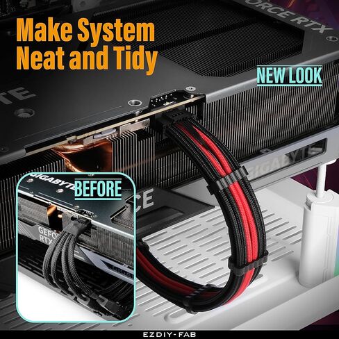 تمديد كابل طاقة بأكمام EZDIY-FAB GPU، 16pin(12+4) 12VHPWR PCIe 5.0 موصل ذكر إلى 4X PCIE 8 PIN لـ RTX 3090Ti/RTX4090/RTX4080، مع أمشاط كابل مثبتة مسبقًا-16AWG/أبيض نقي in Kuwait