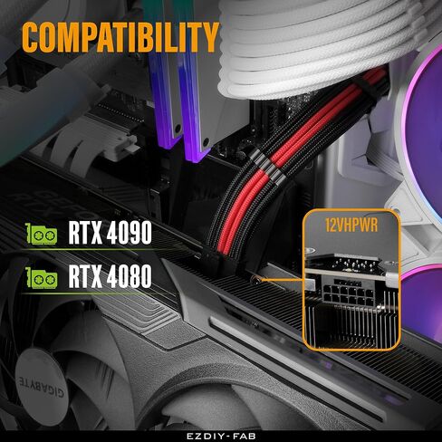 تمديد كابل طاقة بأكمام EZDIY-FAB GPU، 16pin(12+4) 12VHPWR PCIe 5.0 موصل ذكر إلى 4X PCIE 8 PIN لـ RTX 3090Ti/RTX4090/RTX4080، مع أمشاط كابل مثبتة مسبقًا-16AWG/أبيض نقي in Kuwait