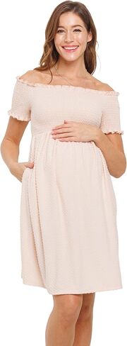 Womens Off Shoulder Dot Smocked Top Maternity Dress with Pockets in Saudi Arabia