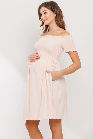 Womens Off Shoulder Dot Smocked Top Maternity Dress with Pockets in Saudi Arabia
