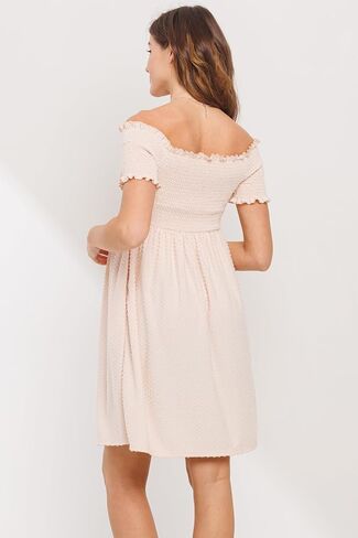 Womens Off Shoulder Dot Smocked Top Maternity Dress with Pockets in Saudi Arabia