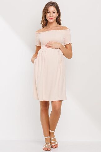 Womens Off Shoulder Dot Smocked Top Maternity Dress with Pockets in Saudi Arabia
