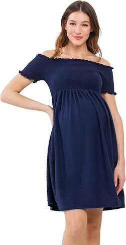 Womens Off Shoulder Dot Smocked Top Maternity Dress with Pockets in Saudi Arabia