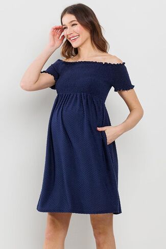 Womens Off Shoulder Dot Smocked Top Maternity Dress with Pockets in Saudi Arabia