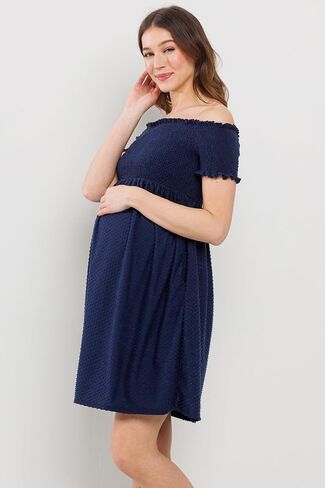 Womens Off Shoulder Dot Smocked Top Maternity Dress with Pockets in Saudi Arabia