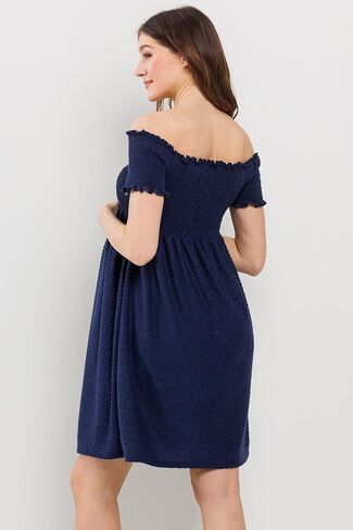 Womens Off Shoulder Dot Smocked Top Maternity Dress with Pockets in Saudi Arabia
