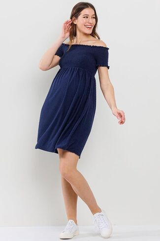 Womens Off Shoulder Dot Smocked Top Maternity Dress with Pockets in Saudi Arabia