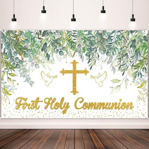 Greenery First Holy Communion Backdrop Banner Sage Green God Bless Baptism Mi Bautizo Party Photo Background for Boys Girls Newborn Christening Confirmation Religious Party Decorations,Baby Shower in Saudi Arabia