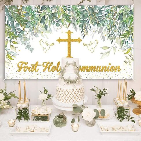 Greenery First Holy Communion Backdrop Banner Sage Green God Bless Baptism Mi Bautizo Party Photo Background for Boys Girls Newborn Christening Confirmation Religious Party Decorations,Baby Shower in Saudi Arabia