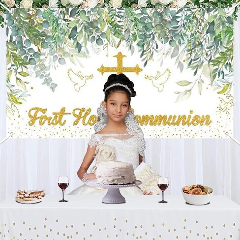 Greenery First Holy Communion Backdrop Banner Sage Green God Bless Baptism Mi Bautizo Party Photo Background for Boys Girls Newborn Christening Confirmation Religious Party Decorations,Baby Shower in Saudi Arabia