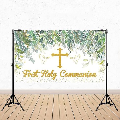Greenery First Holy Communion Backdrop Banner Sage Green God Bless Baptism Mi Bautizo Party Photo Background for Boys Girls Newborn Christening Confirmation Religious Party Decorations,Baby Shower in Saudi Arabia