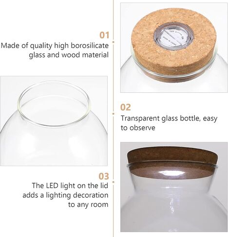 وعاء السمك POPETPOP مع ضوء LED - حوض زجاجي مع غطاء حوض أسماك صغير، مزهرية ذات مناظر طبيعية صغيرة، زجاجة زجاجية ذات مناظر طبيعية، حاويات تررم زجاجية لسطح المكتب للنباتات النضرة in Kuwait