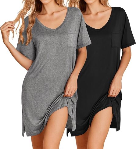 Ekouaer 2 Pack Nightgowns for Women Short Sleeve Sleepshirt V Neck Nightshirt Casual Print Sleepwear in Saudi Arabia