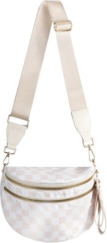 Checkered Bum Bag Crossbody Bag for Women, Spacious Purse Oversized Fanny Packs（Beige） in Kuwait