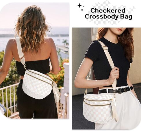 Checkered Bum Bag Crossbody Bag for Women, Spacious Purse Oversized Fanny Packs（Beige） in Kuwait