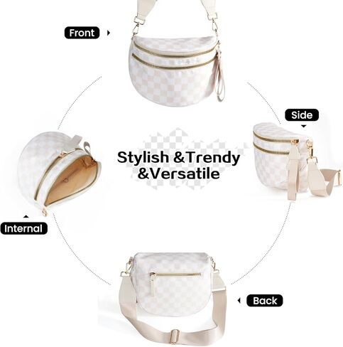 Checkered Bum Bag Crossbody Bag for Women, Spacious Purse Oversized Fanny Packs（Beige） in Kuwait