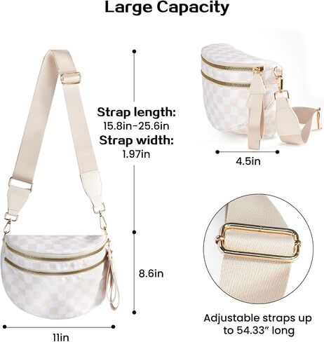 Checkered Bum Bag Crossbody Bag for Women, Spacious Purse Oversized Fanny Packs（Beige） in Kuwait