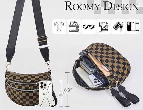 Checkered Crossbody Bum Bag for Women, Water-resistant Roomy Checkered Purse Fanny Packs Large Shoulder Belt Bag in Kuwait