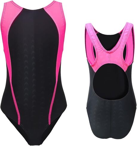 Girls Athletic Swimsuits One Piece Kids Solid Competition Swimwear for Practice Swim Team Training Black Bathing Suits(R Hot Pink,11-12T(L)) in Saudi Arabia