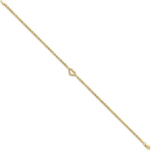 14K Yellow Gold Diamond-cut Open Heart Rope Chain Anklet 9" to 11" in Saudi Arabia