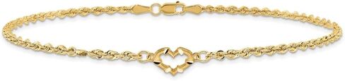 14K Yellow Gold Diamond-cut Open Heart Rope Chain Anklet 9" to 11" in Saudi Arabia